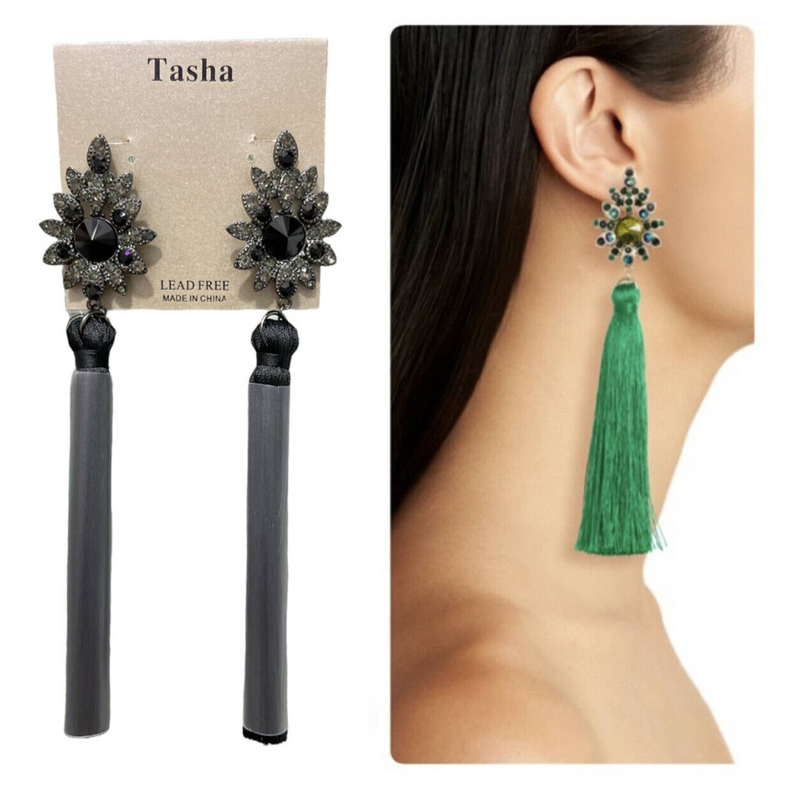 Tasha Beaded Post Tassel Drop Earrings - Black